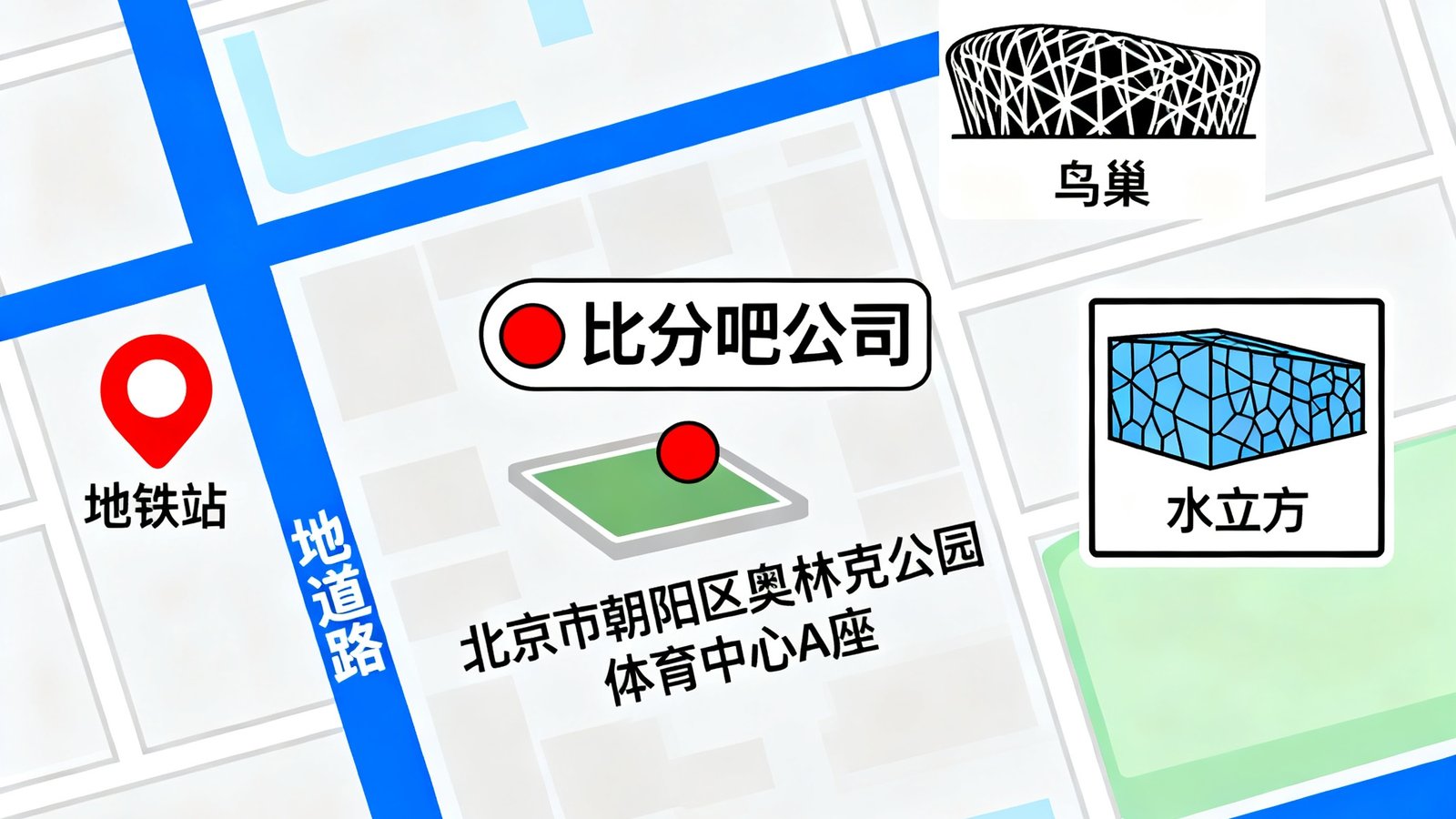 地图显示比分吧公司位于北京市朝阳区奥林匹克公园体育中心A座的位置，周边标注有地铁站和主要道路，交通便利，毗邻鸟巢和水立方等地标建筑。