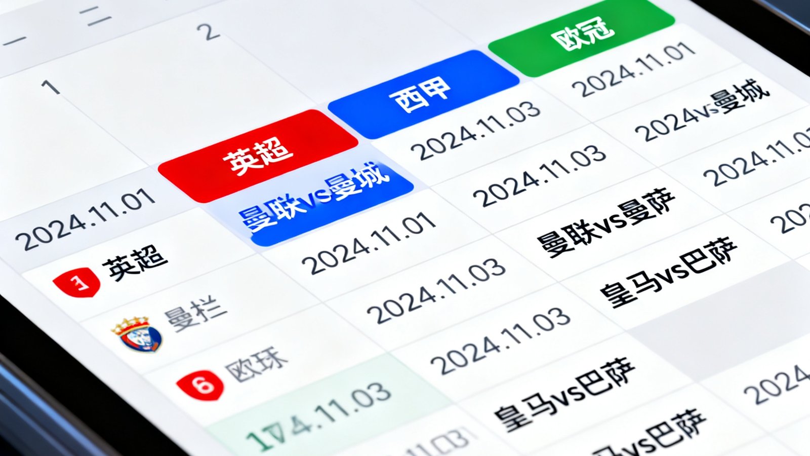 比分吧赛程日历界面展示，以日历视图清晰排列着本月各足球联赛的比赛安排，英超、西甲、欧冠等赛事用不同颜色标识，用户可以按联赛或日期快速筛选感兴趣的场次。